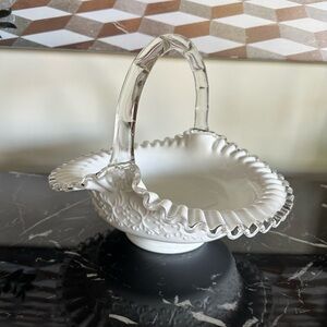 Fenton #3537 SC Silver Crest Spanish Lace 10” Basket Milk Glass Stamped